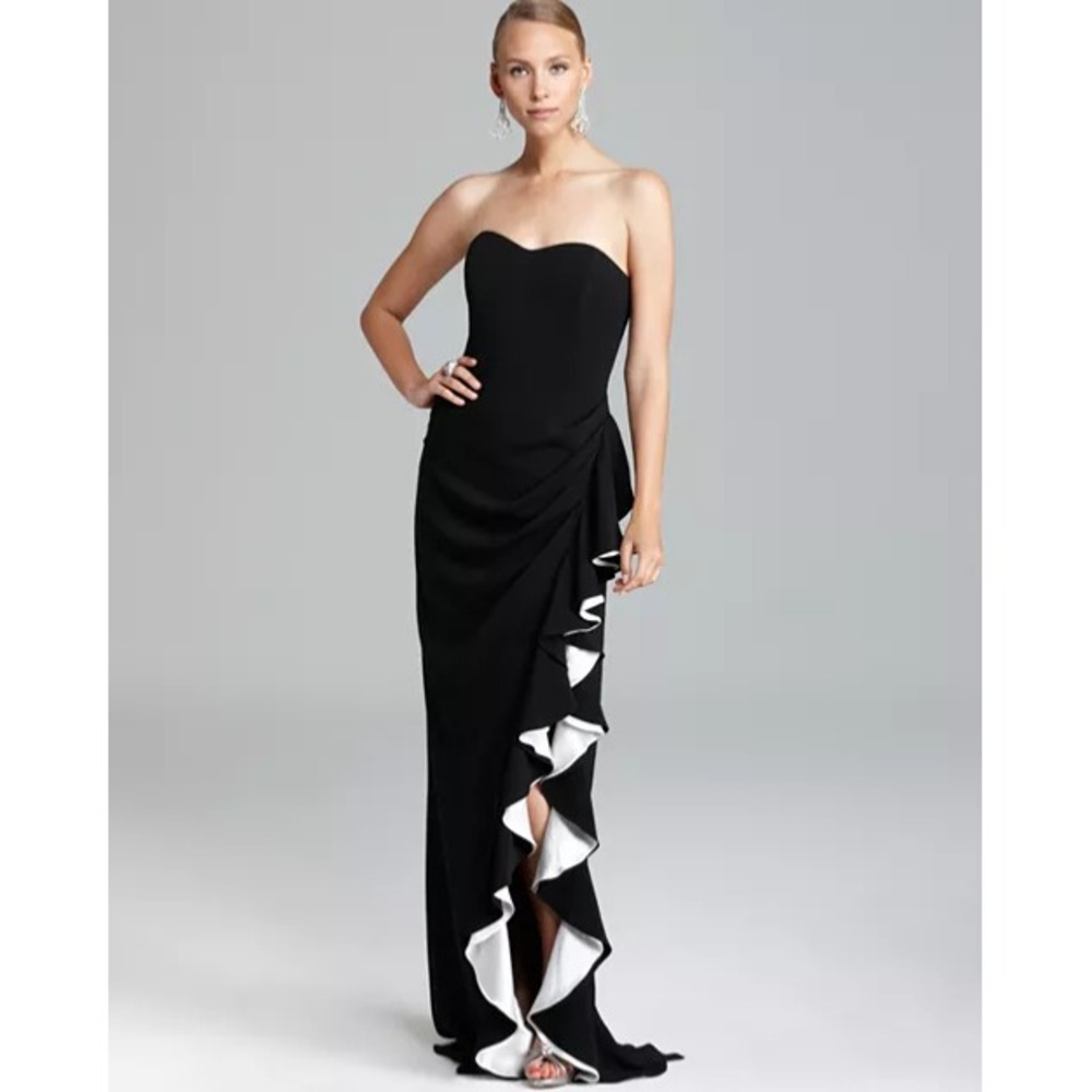 Badgley Mischka Black Strapless Gown with White Ruffle Trim